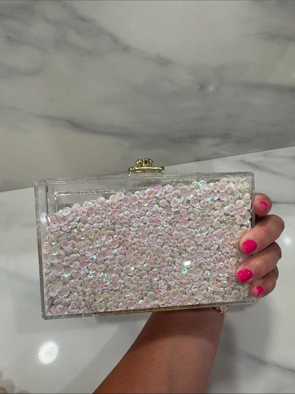 Iridescent Sequin Acrylic Clutch Bag - White